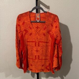 Johnny Was Boho Vibrant Orange Geometric Women's Blouse